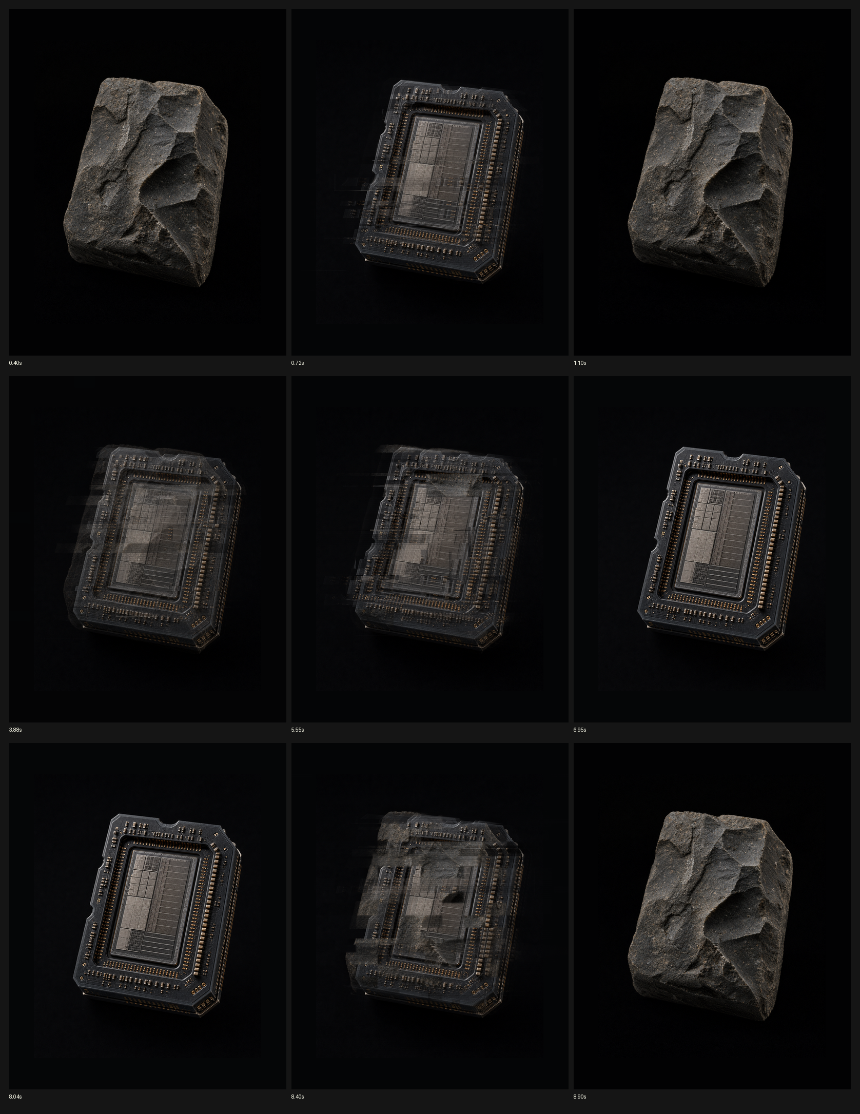Nine stills from Stone and Silicon showing a stone core interrupted by an AI processor, resolving into the processor, then returning to stone